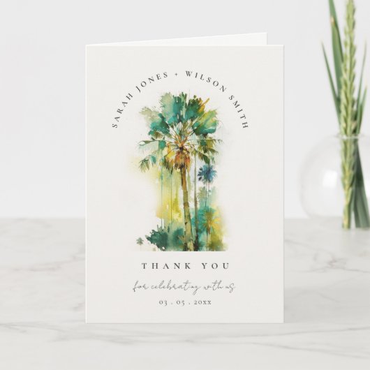 Dusky Tropical Watercolor Palm Trees Foto Hochzeit Dankeskarte (Vorderseite)