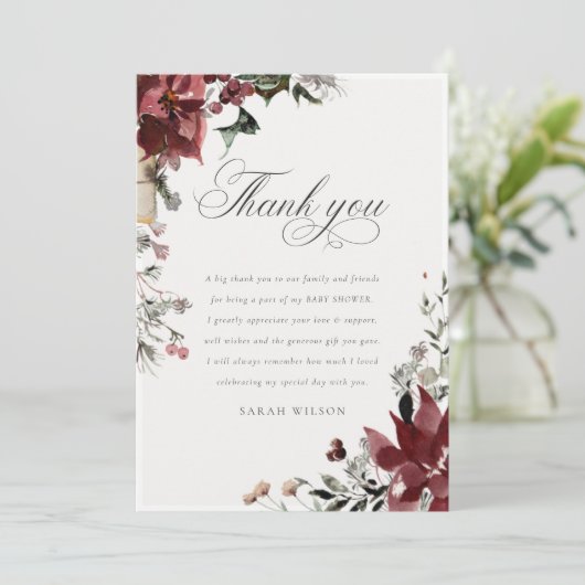 Dusky Warm Winter Festive Foliage Baby Dusche Dankeskarte (Stehend Vorderseite)