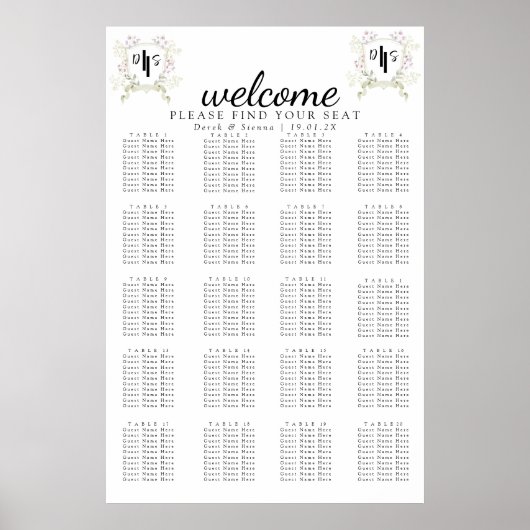 Dusky-Wildblume-Monogram-Wappen Hochzeitssitze Poster (Vorne)