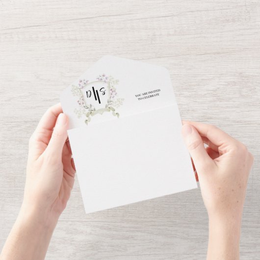 Dusky Wildblume Monogram Wappen Wedding All In One Einladung (Eröffnung)