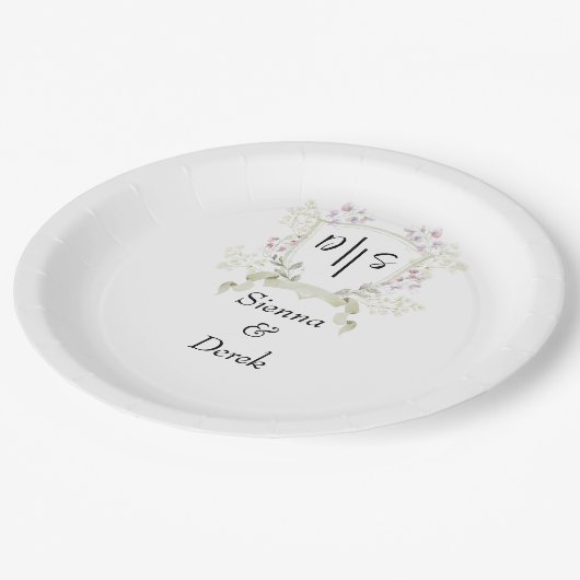 Dusky Wildblume Monogram Wappen Wedding Pappteller (Schrägansicht)