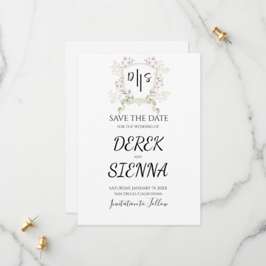 Dusky Wildblume Monogram Wappen Wedding Save The Date (Vorderseite/Rückseite Beispiel)