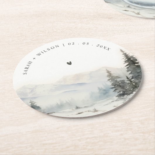 Dusky Winter Snow Mountain Landschaft Hochzeit Runder Pappuntersetzer (Angewinkelt)