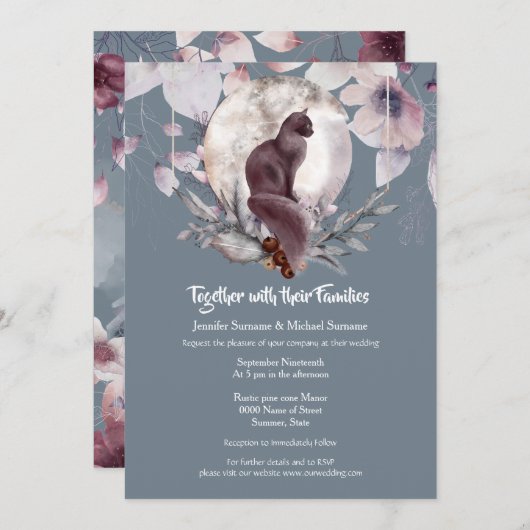 Duskyblau-graue Schieferschwarz-Katzenmoon Aquarel Einladung (Vorne/Hinten)