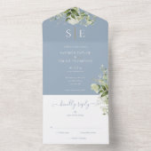 Dust Blue Elegant Monogram Greenerity Wedding All In One Einladung (Innen Boden)
