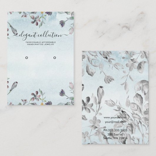 Dust Blue Floral Calligraphy Earring Display Card Visitenkarte (Vorne/Hinten)