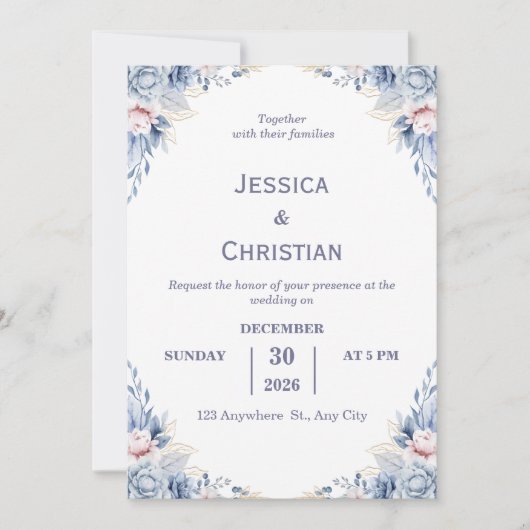 Dust Blue Floral Wedding Invitation  Einladung (Vorderseite)