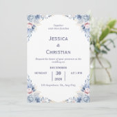 Dust Blue Floral Wedding Invitation  Einladung (Stehend Vorderseite)