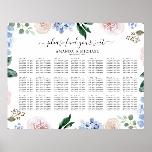Dustenblaue Hydrangeas pastellrosa Sitzkarte Poster (Vorne)