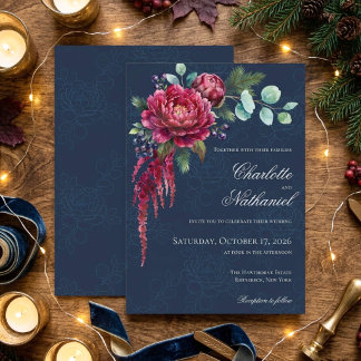 Düster florale elegante Hochzeit in tiefem Blau Einladung