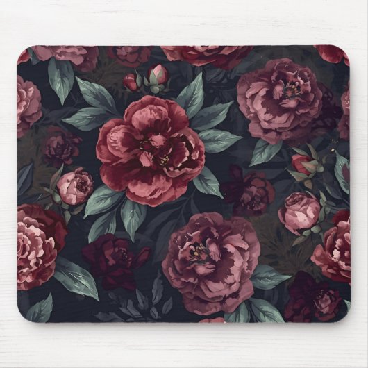Düster florale Wasserfarbe Dunkelrotes Muster Mousepad (Vorne)
