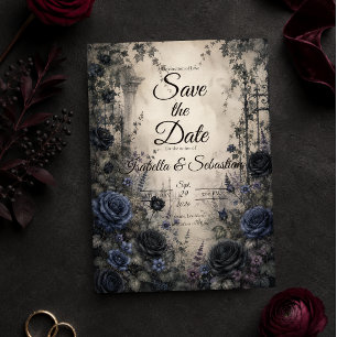 Düster-gotische Blaue Rosen-Hochzeit Save The Date