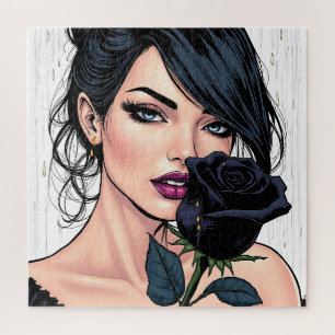 Düster-gotische Frau mit Rose Dunkle Ästhetik Puzzle