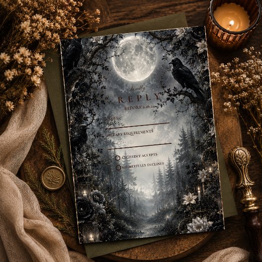Düster-gotische Waldhochzeit RSVP Karte