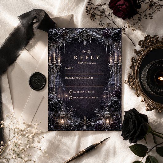 Düster-gotische Winterhochzeit RSVP Karte