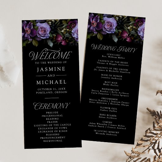 Düster-gotisches lila Blumen-Hochzeitsprogramm