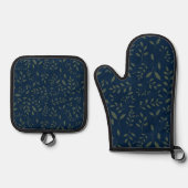 Düster grüne Salbeiblätter Navy Muster Ofenhandschuh & Topflappen-Set (Vorderseite)