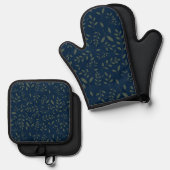 Düster grüne Salbeiblätter Navy Muster Ofenhandschuh & Topflappen-Set (Vorderseite/Rückseite)