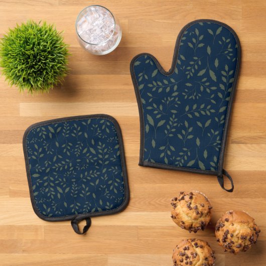 Düster grüne Salbeiblätter Navy Muster Ofenhandschuh & Topflappen-Set (Oben Unten)