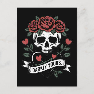 Düster-Ihr Grafik: Gothic-Schädel mit roten Rosen  Postkarte