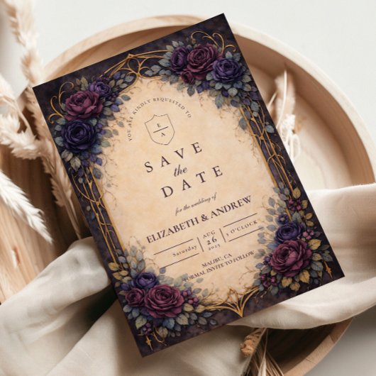 Düster-lila gotische florale Hochzeit Save The Date