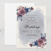 Düsterblaue Pflaumen-Blumenbogen-Hochzeit Einladung (Vorne/Hinten)