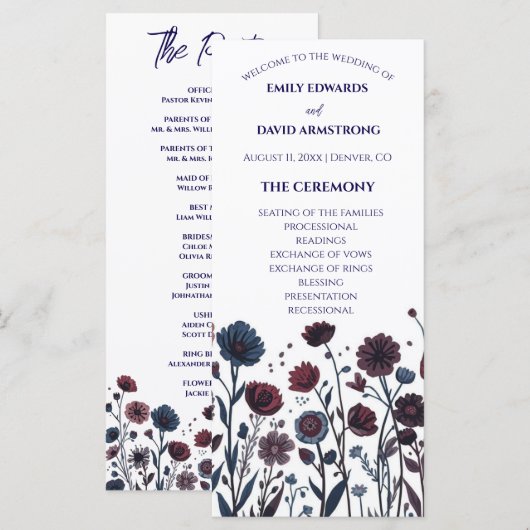 Düstere Burgund & Blaue Blumige Hochzeitsprogramm (Vorne/Hinten)