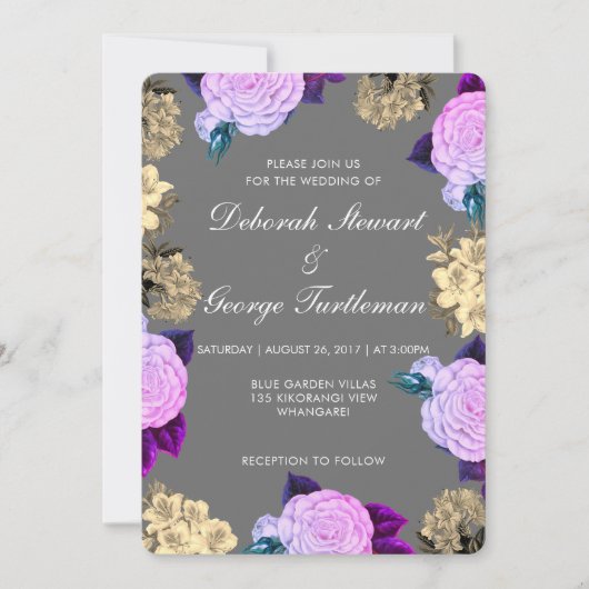 Düstere Dunkelgraue Violette Florale Boho Holzkohl Einladung (Vorderseite)