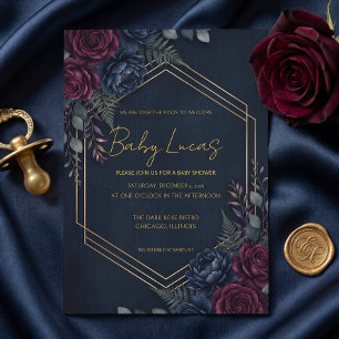 Düstere dunkle florale Navy Burgund Gold Sechseck Einladung