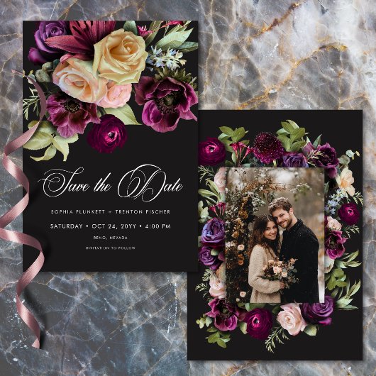 Düstere dunkle florale schwarze Burgunder-romantis Save The Date