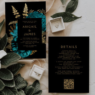 Düstere dunkle florale türkis-goldene QR-Code-Hoch Einladung