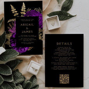 Düstere Florale Hochzeit mit Lila und Gold QR Code Einladung