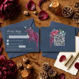 Düstere Florale Tiefblaue QR-Code-Hochzeits-RSVP RSVP Karte