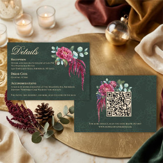 Düstere Florale Tiefgrüne QR-Code-Hochzeitsdetails Begleitkarte