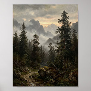 Düsterer nebliger Bergalpensee Kiefern II Poster