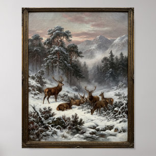 Düsterer schottischer Hochlandhirsch Schnee II Poster