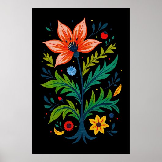 Düsterer Schwarzer Boho-Blumenbaum-Folkart Poster (Vorne)
