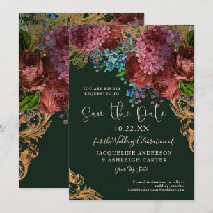 Düsterer Vintage-Blumen-Hochzeit in Gold und Waldg Save The Date