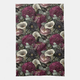 Düsteres Blumenmuster mit Dahlien und Calla-Lilien Geschirrtuch