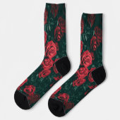 Düsteres dunkelrotes Rosen-Blumenmuster-Hintergrun Socken (Linkes Detail)