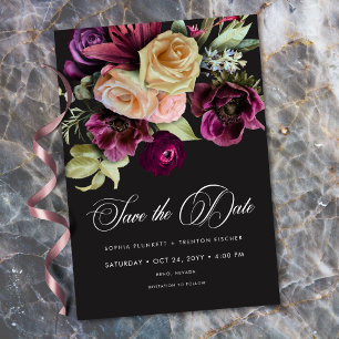 Düsteres Dunkles Florales Schwarz Burgunder Romant Save The Date