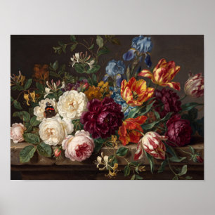 Düsteres niederländisches dunkles florales Ölgemäl Poster