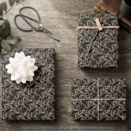 Düsteres Sepia-Botanik-Rabe Geschenkpapier Set