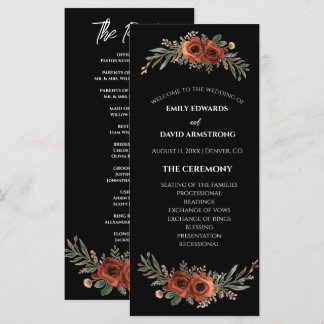 Düsteres Terrakotta-Blumen-Boho-Hochzeitsprogramm