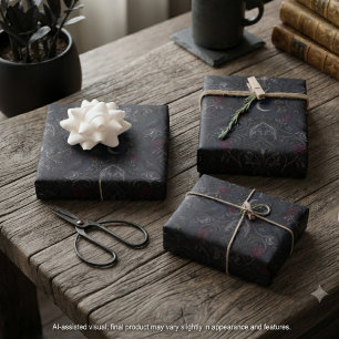 Düsterrote Damast-Raben-Rosen Geschenkpapier Set