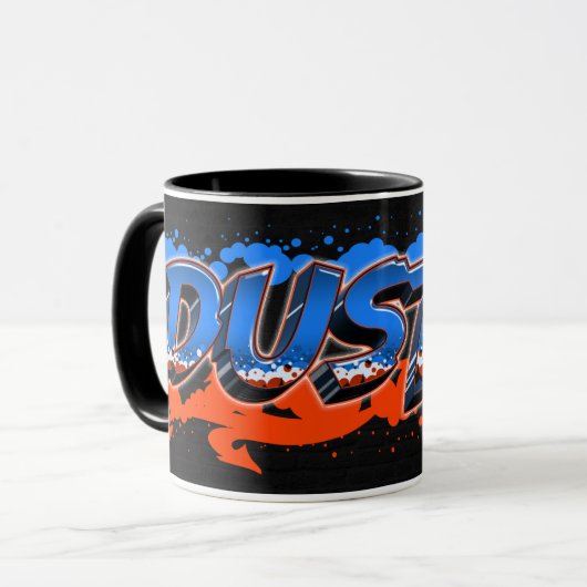 Dustin Vorname Name Graffiti blue orange Tasse (Vorderseite Links)