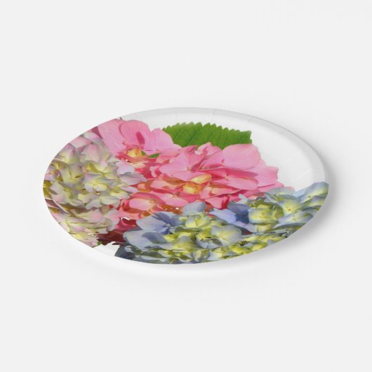 Dustrosa, blau-gelb-grüne Hydrangeas Pappteller (Schrägansicht)