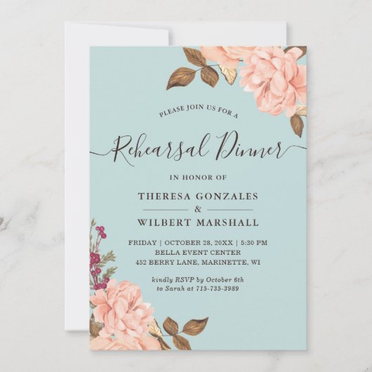 Dusty Aqua Blue Blush Probe Dinner Einladung (Vorderseite)