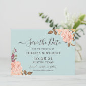 Dusty Aqua Blush Blues Hochzeit Retten Sie das Dat Einladung (Stehend Vorderseite)