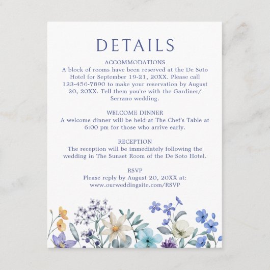 Dusty Aquamarin Blue Wildblume Wedding Details Begleitkarte (Vorderseite)